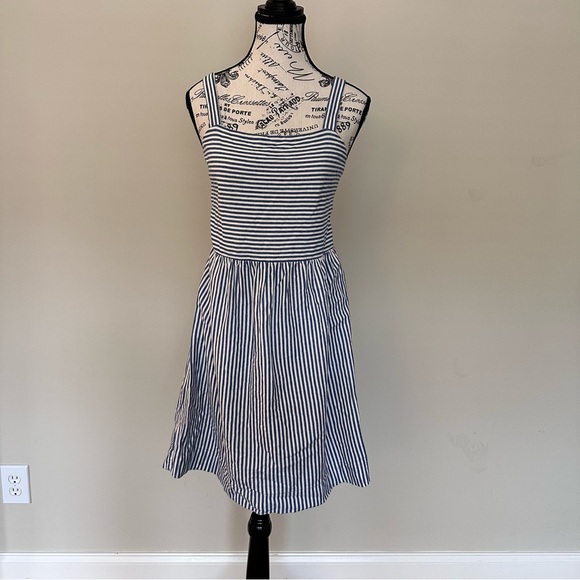 LOFT Navy and White Striped Midi Dress - Picture 1 of 4